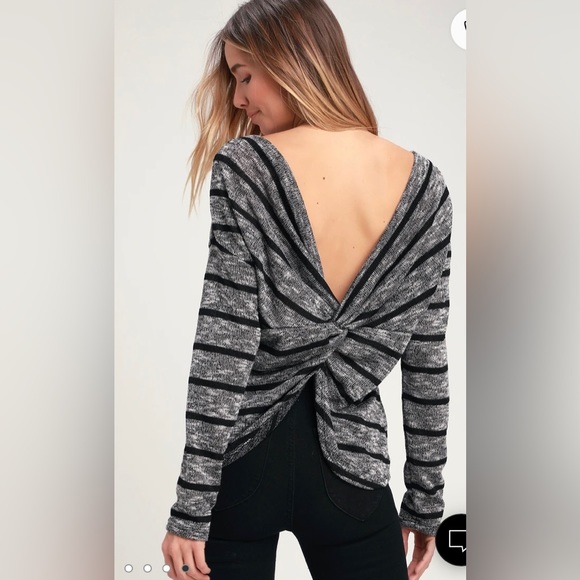 Lush Banbury and Heather Grey and Black Striped Loose Knit Sweater Top - Picture 4 of 6